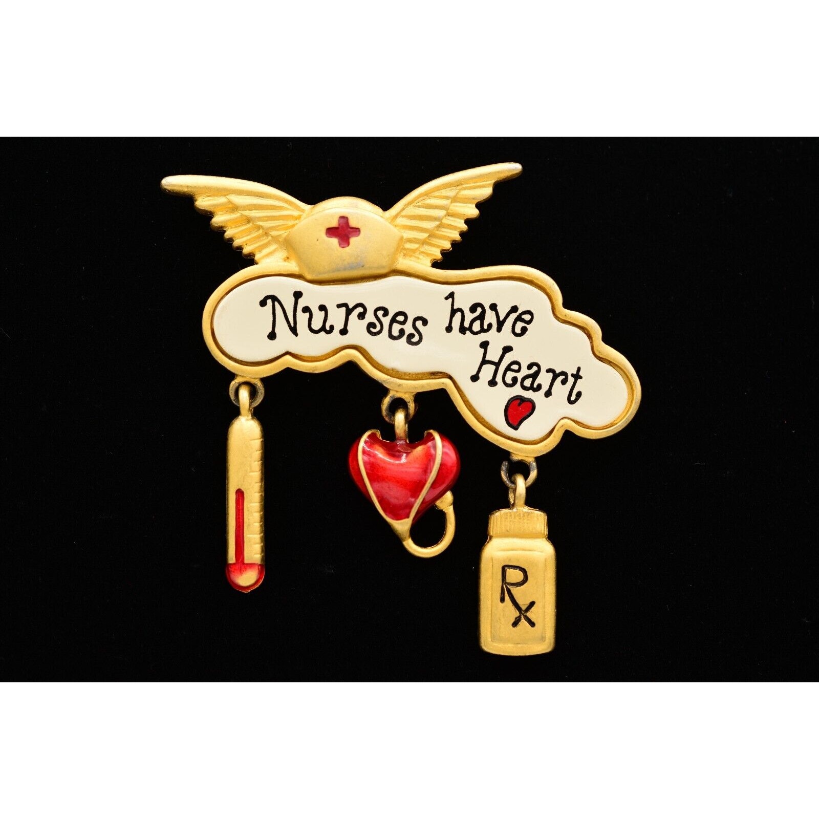 Tara Vintage Nurse Pin Brooch Gold Charms Nurses Have Heart Angel Signed Binal